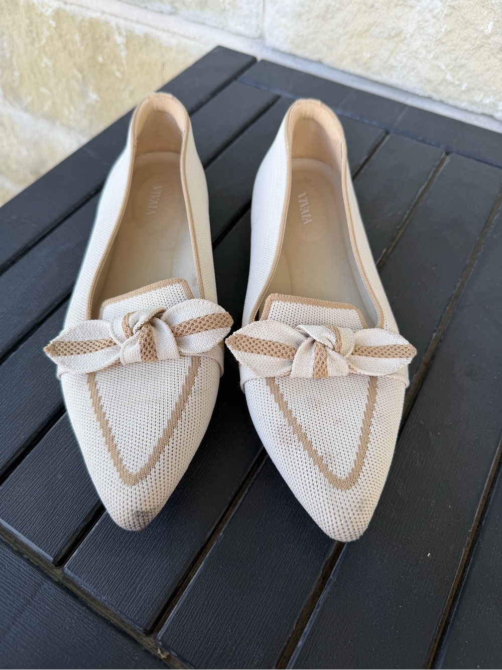 Vivaia Michelle Pointed Toe Knit Flats 41 US 9.5 Ivory Nude Bow Ballet